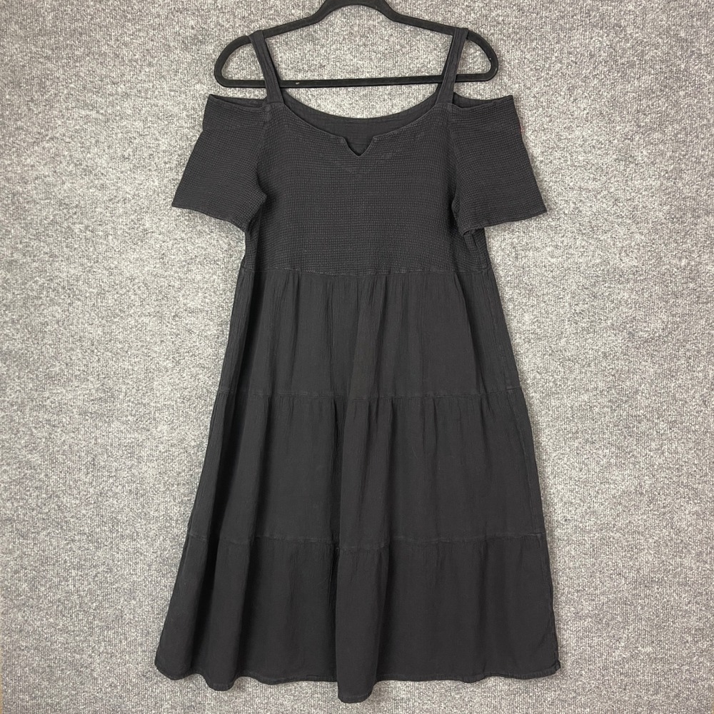 VINTAGE Dunes Cold Shoulder Midi Dress Medium Black Waffle Knit Tiered